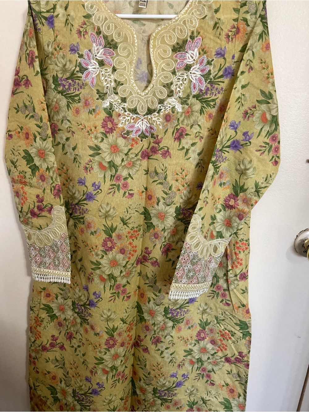 Floral Embroidered Yellow Tunic Dress - Women